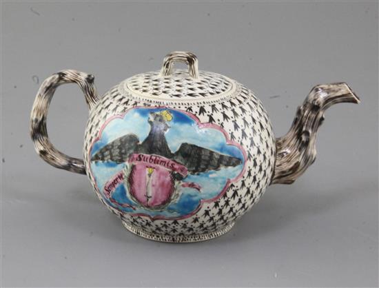 A Staffordshire saltglaze stoneware Frederick of Prussia commemorative teapot and cover, c.1760, height 10cm, some restoration